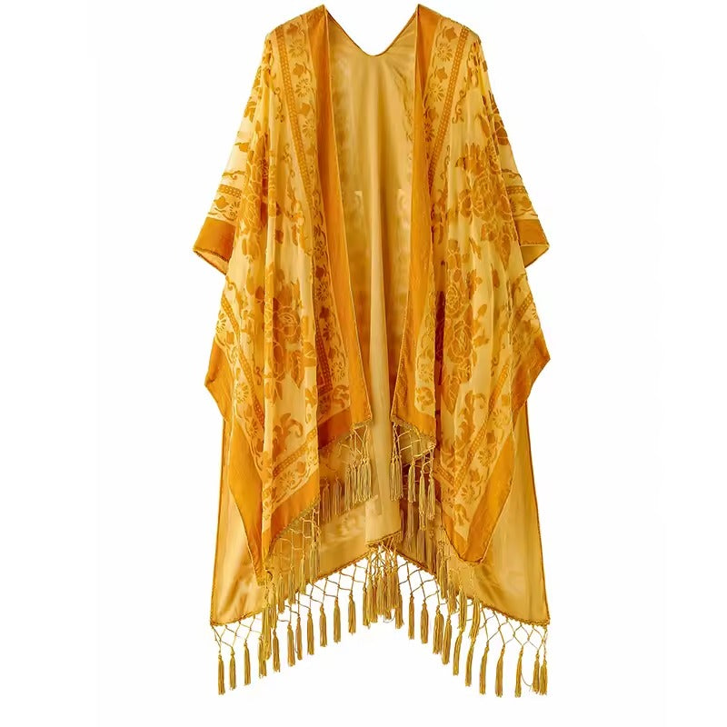 Luxury Burnout Velvet With Tassel Beach Cover-up Kimono Mssza