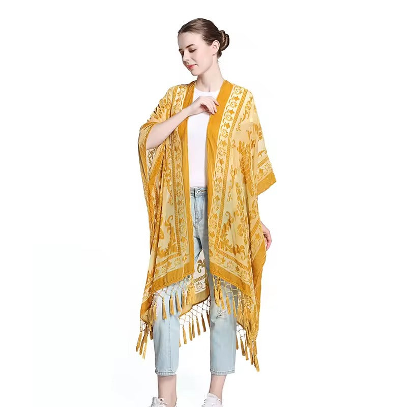 Luxury Burnout Velvet With Tassel Beach Cover-up Kimono Mssza