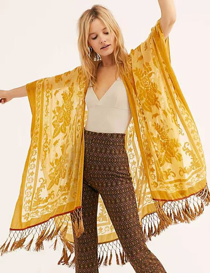 Luxury Burnout Velvet With Tassel Beach Cover-up Kimono Mssza