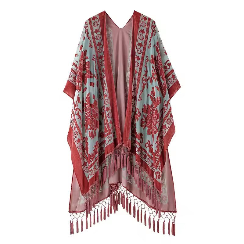 Luxury Burnout Velvet With Tassel Beach Cover-up Kimono Mssza