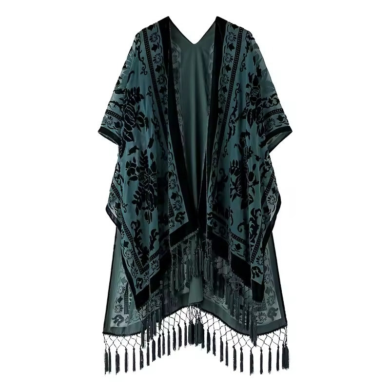 Luxury Burnout Velvet With Tassel Beach Cover-up Kimono Mssza