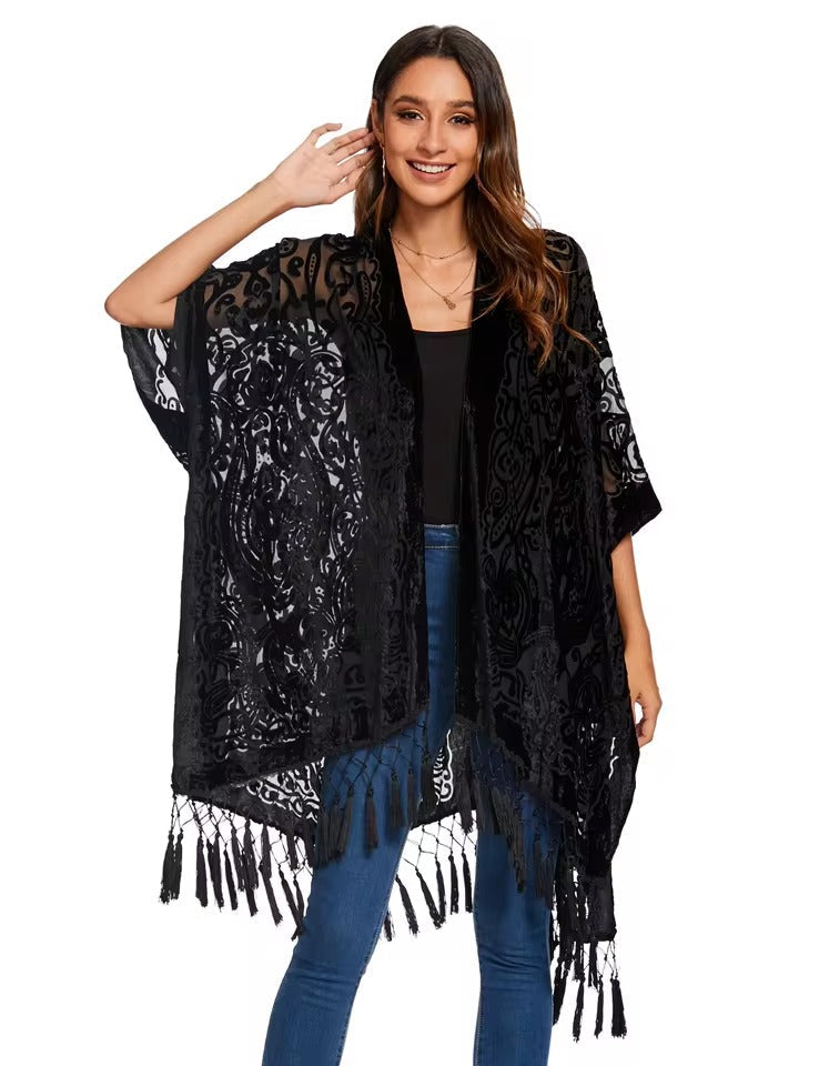 Luxury Burnout Velvet With Tassel Beach Cover-up Kimono Mssza
