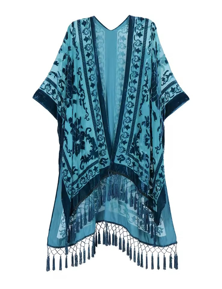 Luxury Burnout Velvet With Tassel Beach Cover-up Kimono Mssza