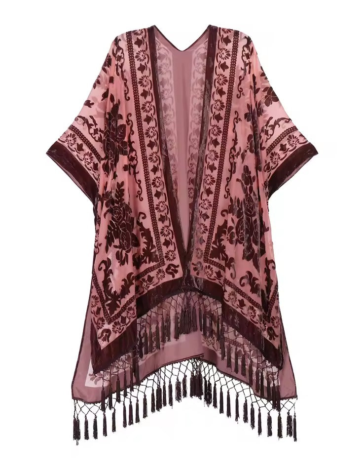 Luxury Burnout Velvet With Tassel Beach Cover-up Kimono Mssza