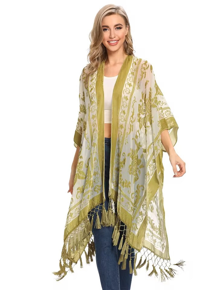 Luxury Burnout Velvet With Tassel Beach Cover-up Kimono Mssza