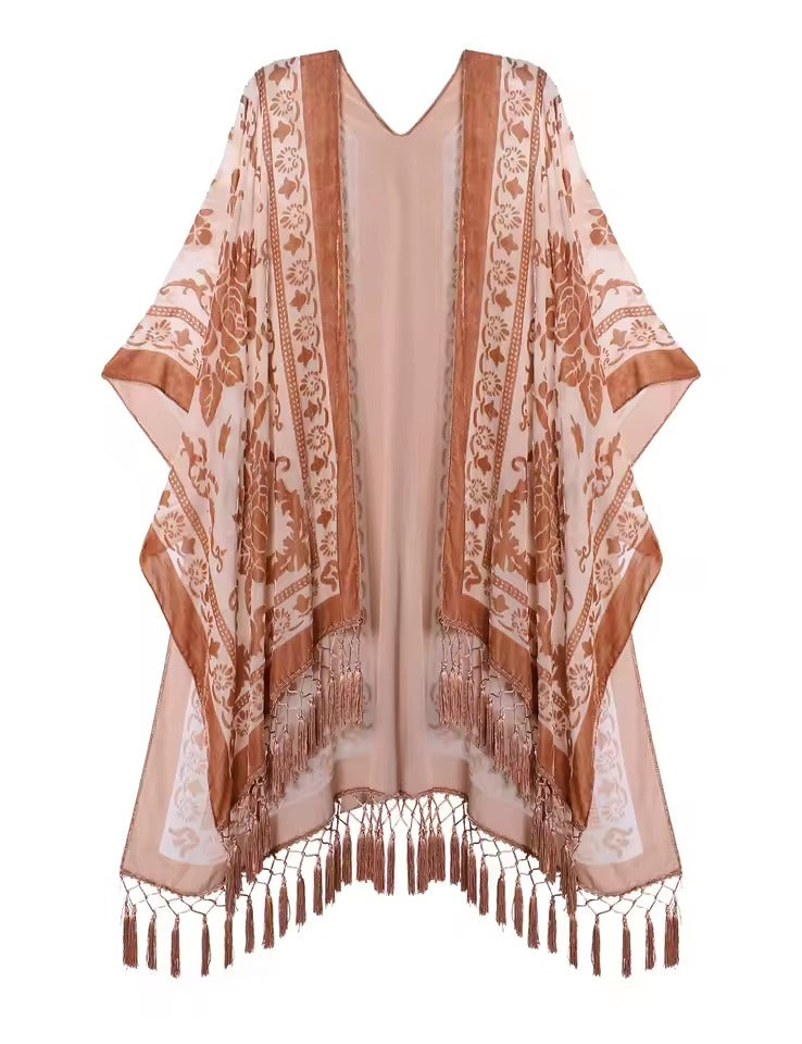 Luxury Burnout Velvet With Tassel Beach Cover-up Kimono Mssza