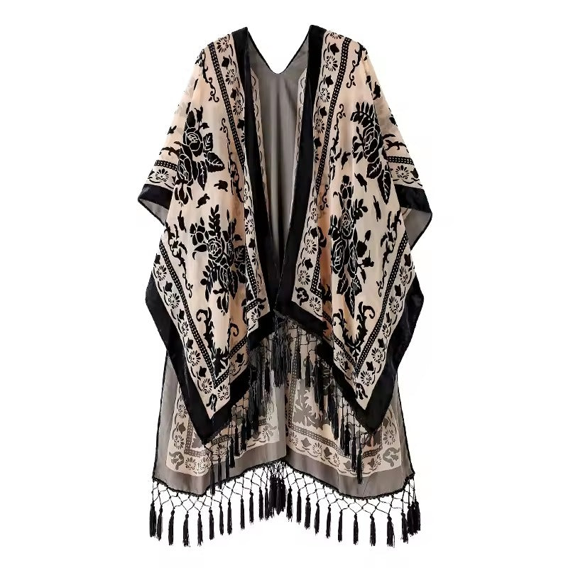 Luxury Burnout Velvet With Tassel Beach Cover-up Kimono Mssza