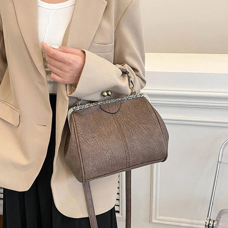 Luxury Clip PU Leather Kiss Lock Vintage Versatile Crossbody Tote Purse Messenger Bag Mssza