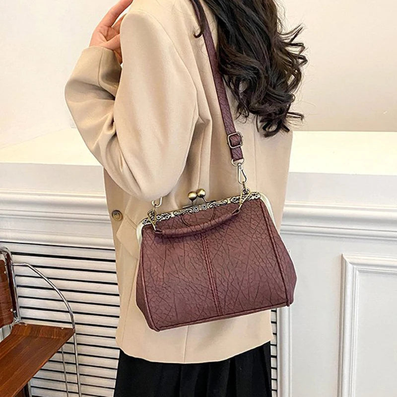 Luxury Clip PU Leather Kiss Lock Vintage Versatile Crossbody Tote Purse Messenger Bag Mssza