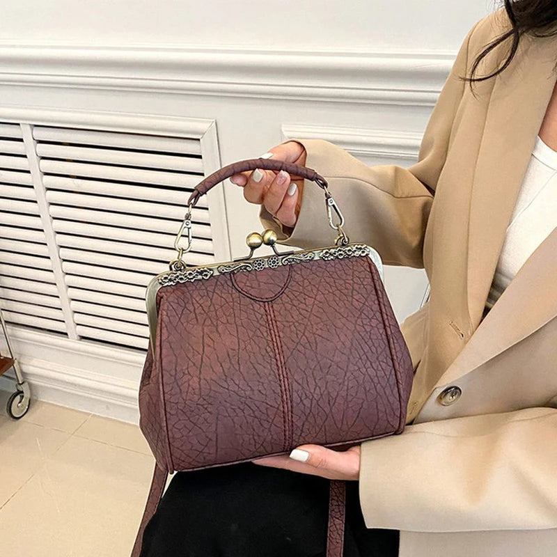 Luxury Clip PU Leather Kiss Lock Vintage Versatile Crossbody Tote Purse Messenger Bag Mssza