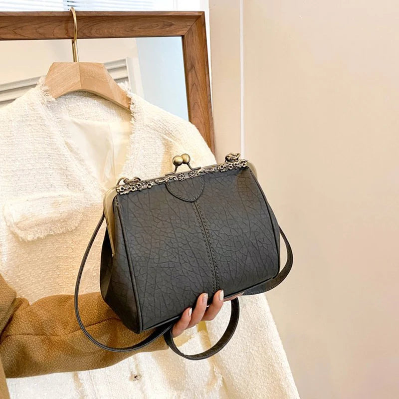 Luxury Clip PU Leather Kiss Lock Vintage Versatile Crossbody Tote Purse Messenger Bag Mssza