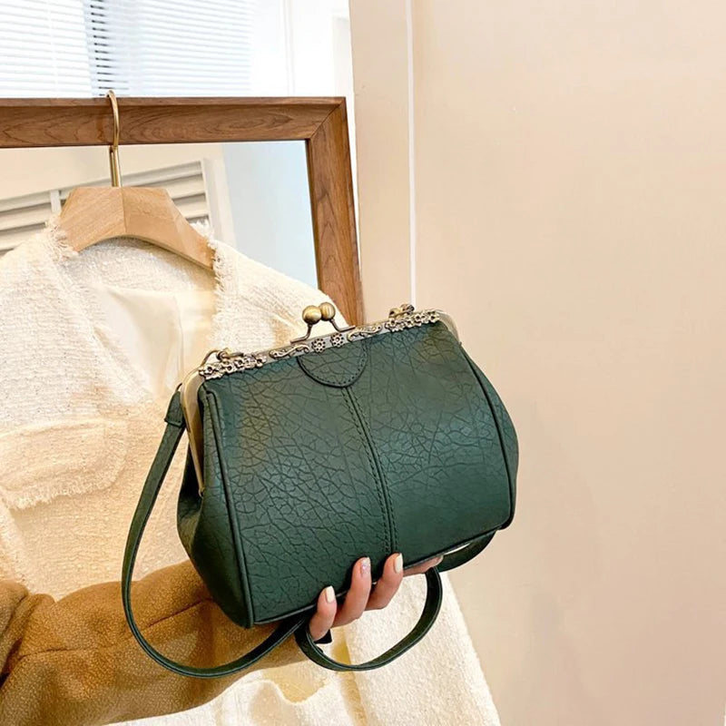 Luxury Clip PU Leather Kiss Lock Vintage Versatile Crossbody Tote Purse Messenger Bag Mssza