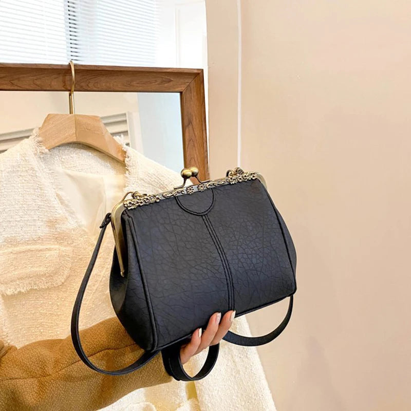 Luxury Clip PU Leather Kiss Lock Vintage Versatile Crossbody Tote Purse Messenger Bag Mssza
