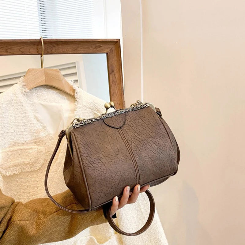 Luxury Clip PU Leather Kiss Lock Vintage Versatile Crossbody Tote Purse Messenger Bag Mssza