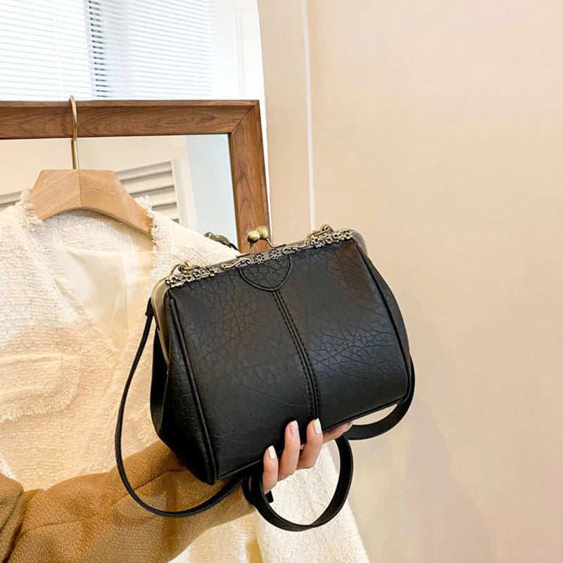 Luxury Clip PU Leather Kiss Lock Vintage Versatile Crossbody Tote Purse Messenger Bag Mssza