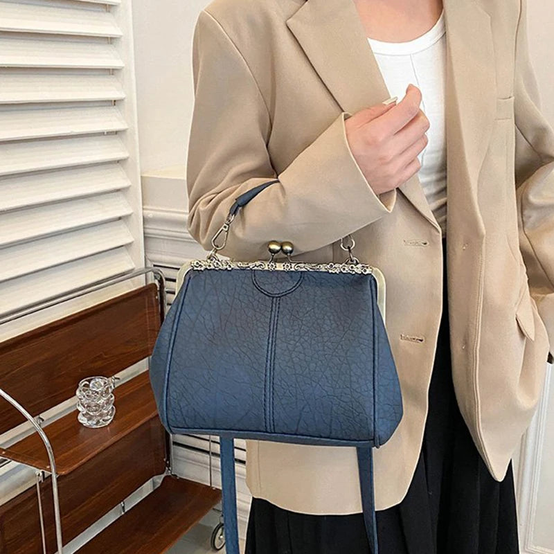 Luxury Clip PU Leather Kiss Lock Vintage Versatile Crossbody Tote Purse Messenger Bag Mssza