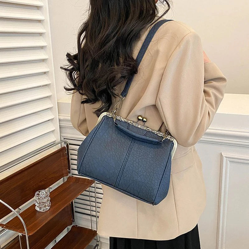 Luxury Clip PU Leather Kiss Lock Vintage Versatile Crossbody Tote Purse Messenger Bag Mssza