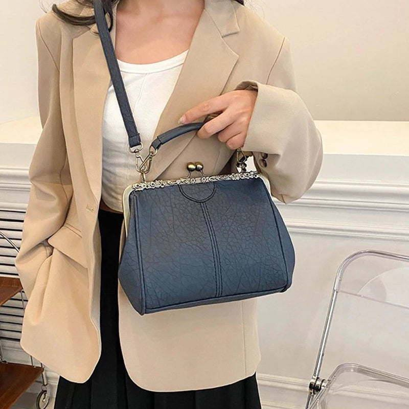 Luxury Clip PU Leather Kiss Lock Vintage Versatile Crossbody Tote Purse Messenger Bag Mssza