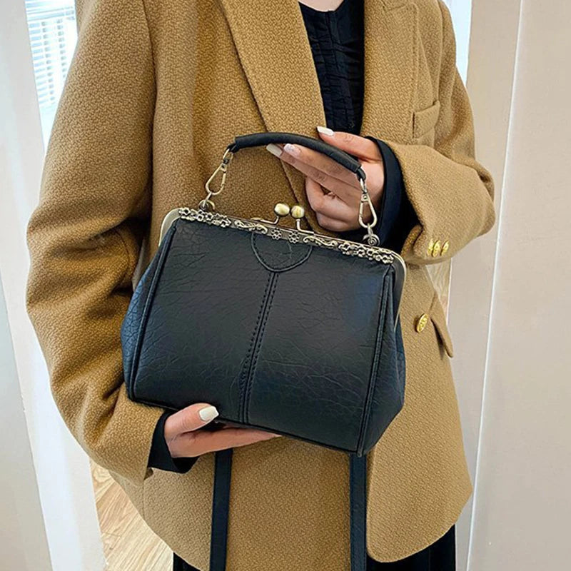 Luxury Clip PU Leather Kiss Lock Vintage Versatile Crossbody Tote Purse Messenger Bag Mssza