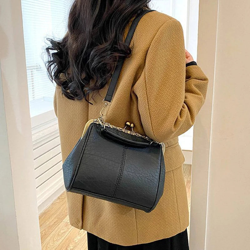 Luxury Clip PU Leather Kiss Lock Vintage Versatile Crossbody Tote Purse Messenger Bag Mssza