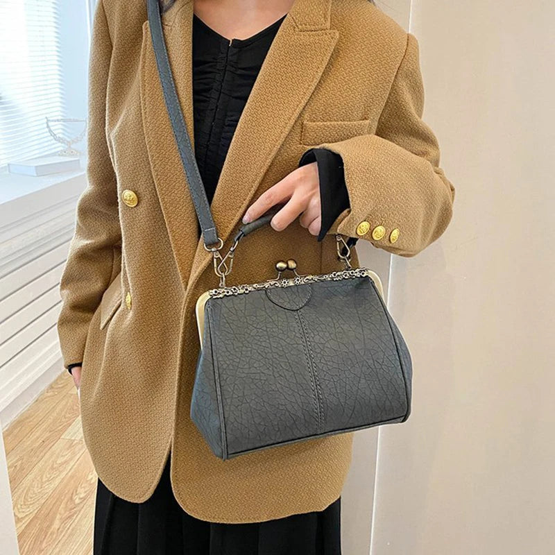 Luxury Clip PU Leather Kiss Lock Vintage Versatile Crossbody Tote Purse Messenger Bag Mssza