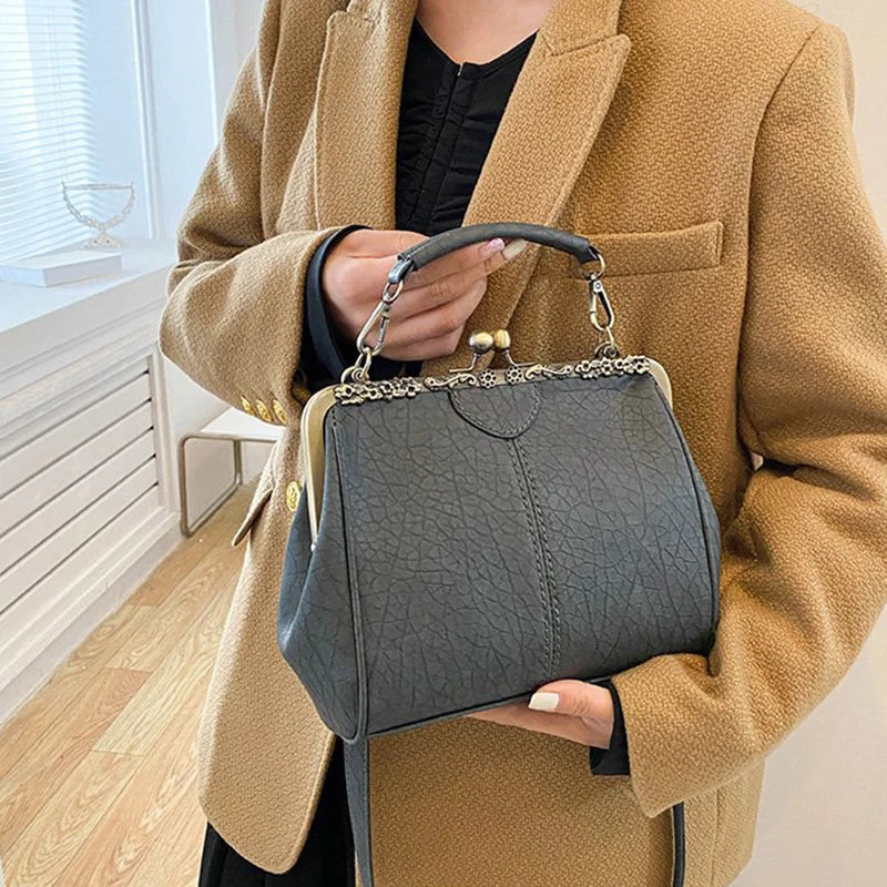 Luxury Clip PU Leather Kiss Lock Vintage Versatile Crossbody Tote Purse Messenger Bag Mssza