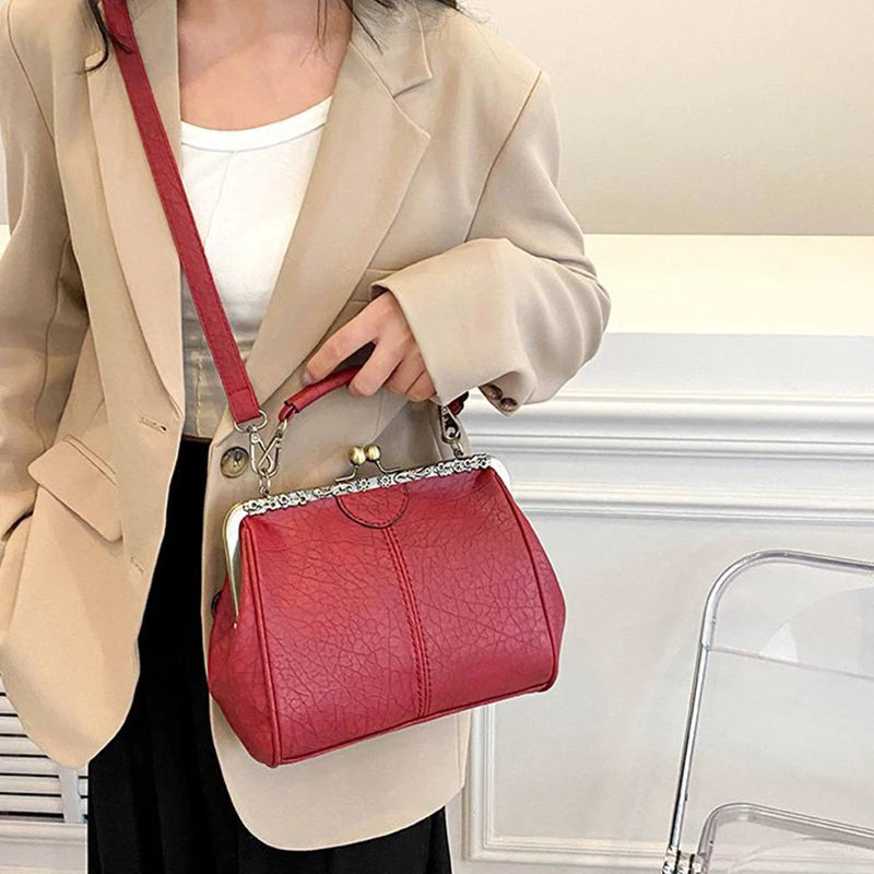 Luxury Clip PU Leather Kiss Lock Vintage Versatile Crossbody Tote Purse Messenger Bag Mssza