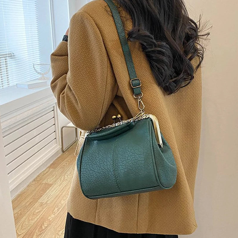 Luxury Clip PU Leather Kiss Lock Vintage Versatile Crossbody Tote Purse Messenger Bag Mssza