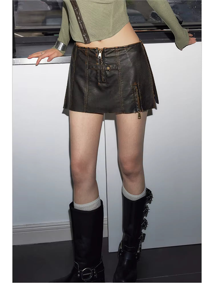 Luxury Cool Distressed Brown Pu Leather Shorts Low Waist Short Mini Skirt Mssza