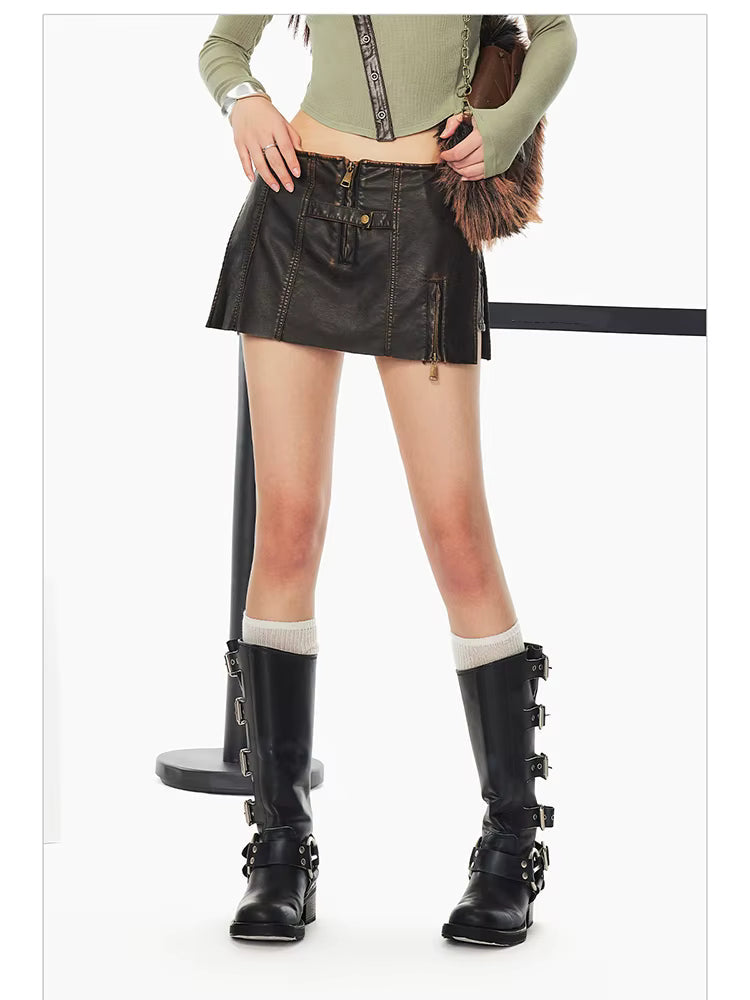 Luxury Cool Distressed Brown Pu Leather Shorts Low Waist Short Mini Skirt Mssza