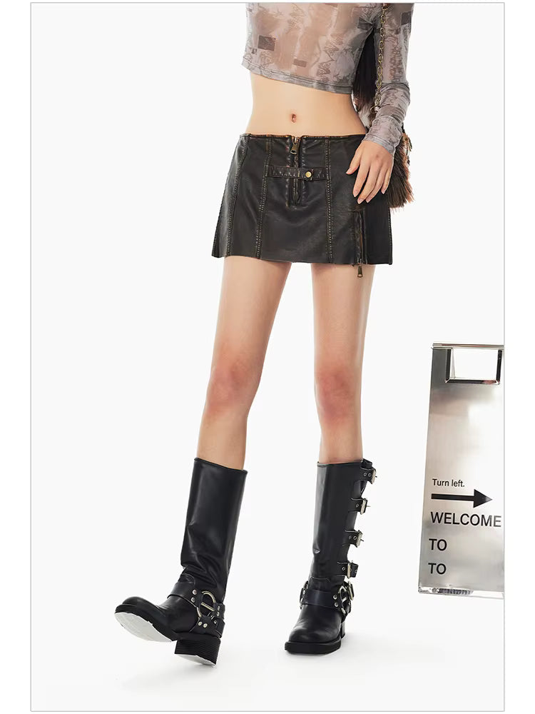 Luxury Cool Distressed Brown Pu Leather Shorts Low Waist Short Mini Skirt Mssza