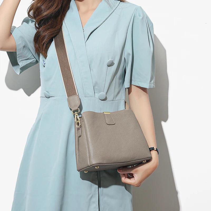 Luxury Cow Leather 3 Layer Small Bucket Genuine Leather Shoulder Crossbody Bag Mssza