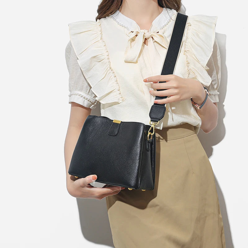 Luxury Cow Leather 3 Layer Small Bucket Genuine Leather Shoulder Crossbody Bag Mssza