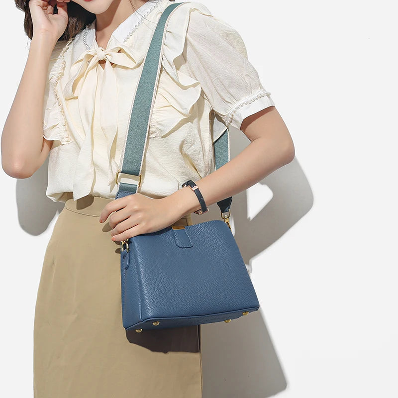 Luxury Cow Leather 3 Layer Small Bucket Genuine Leather Shoulder Crossbody Bag Mssza