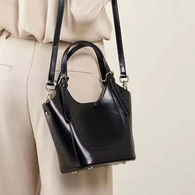 Luxury Cowhide Genuine Leather Bucket Tote Shoulder Small Handbags Mssza