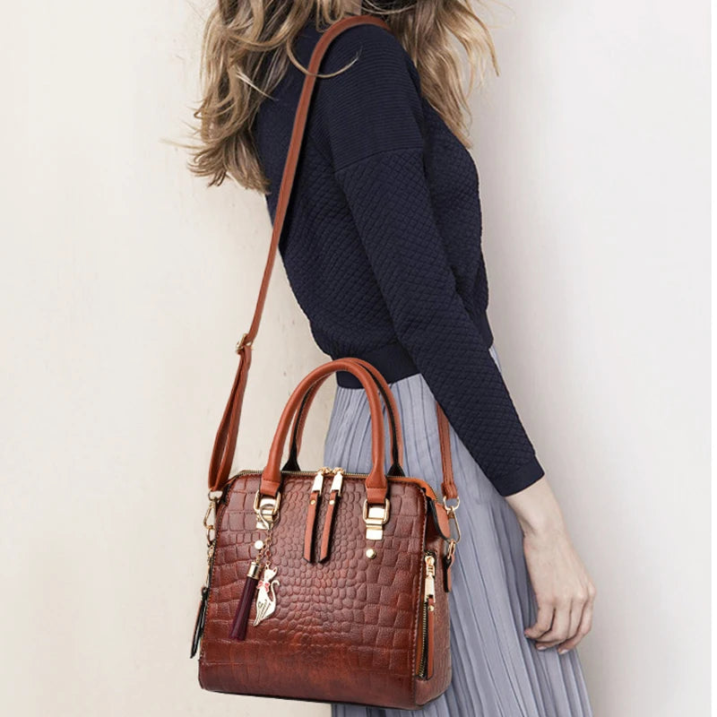Luxury Crocodile Pattern PU Leather Tassel Brands Design Handle Shoulder Bag Mssza