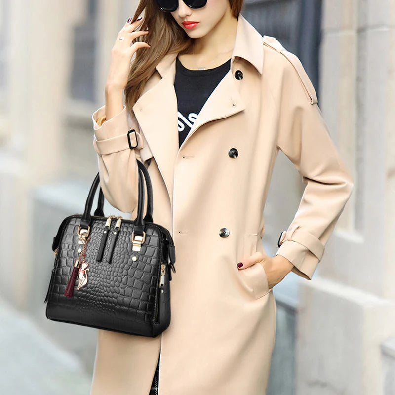 Luxury Crocodile Pattern PU Leather Tassel Brands Design Handle Shoulder Bag Mssza