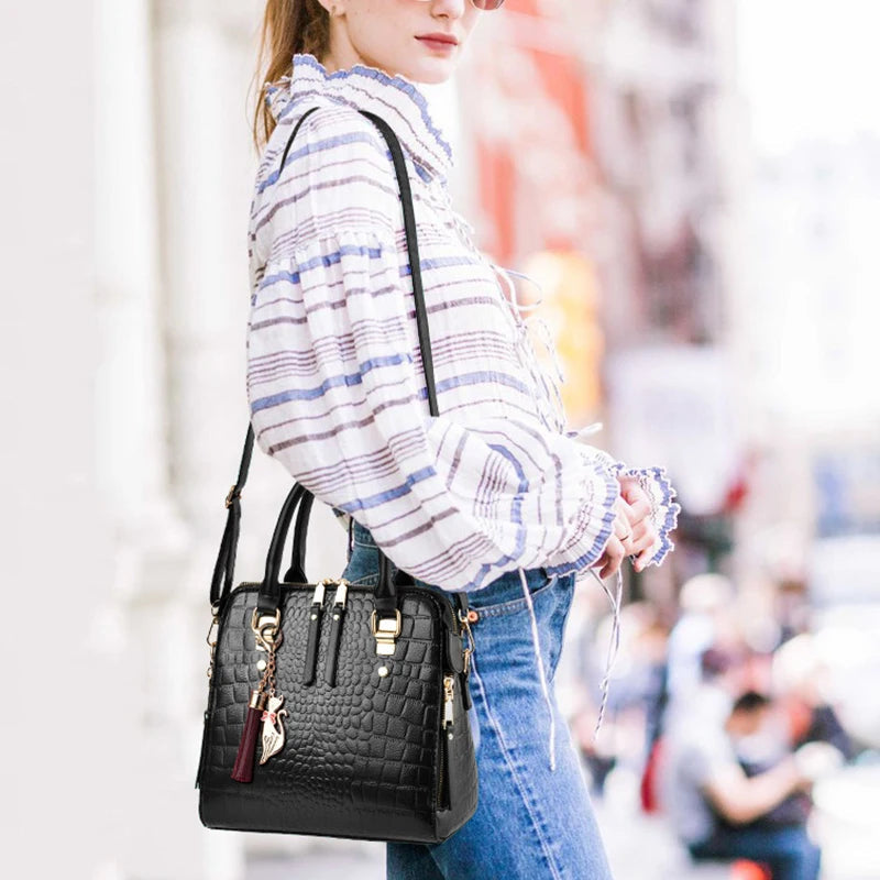Luxury Crocodile Pattern PU Leather Tassel Brands Design Handle Shoulder Bag Mssza