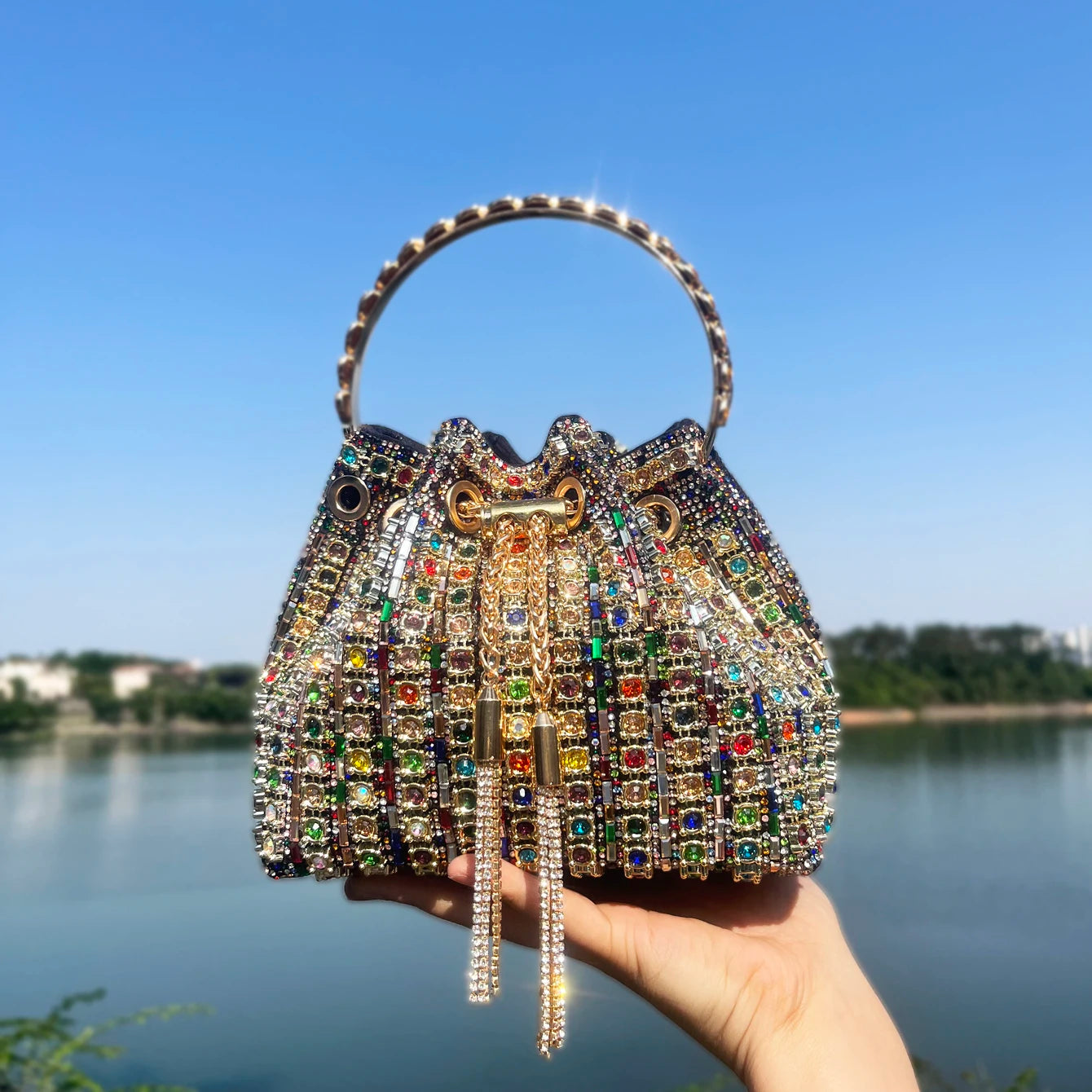 Luxury Crystal Rhinestone Designer Bucket Clutch Purse Evening Banquet Purses And Shoulder Handbags Mssza