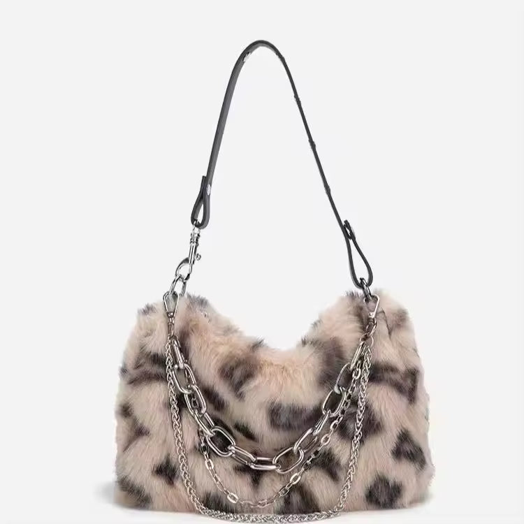 Luxury Design Faux Fur Leopard Print Fluffy Top Handle Chain Shoulder Clutch Bag Mssza