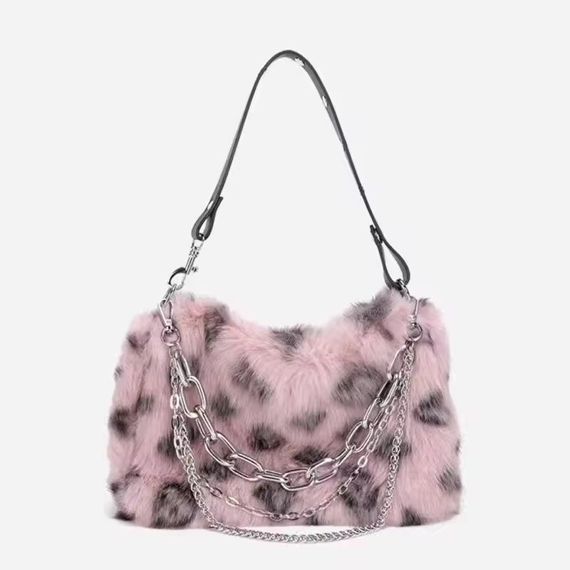 Luxury Design Faux Fur Leopard Print Fluffy Top Handle Chain Shoulder Clutch Bag Mssza