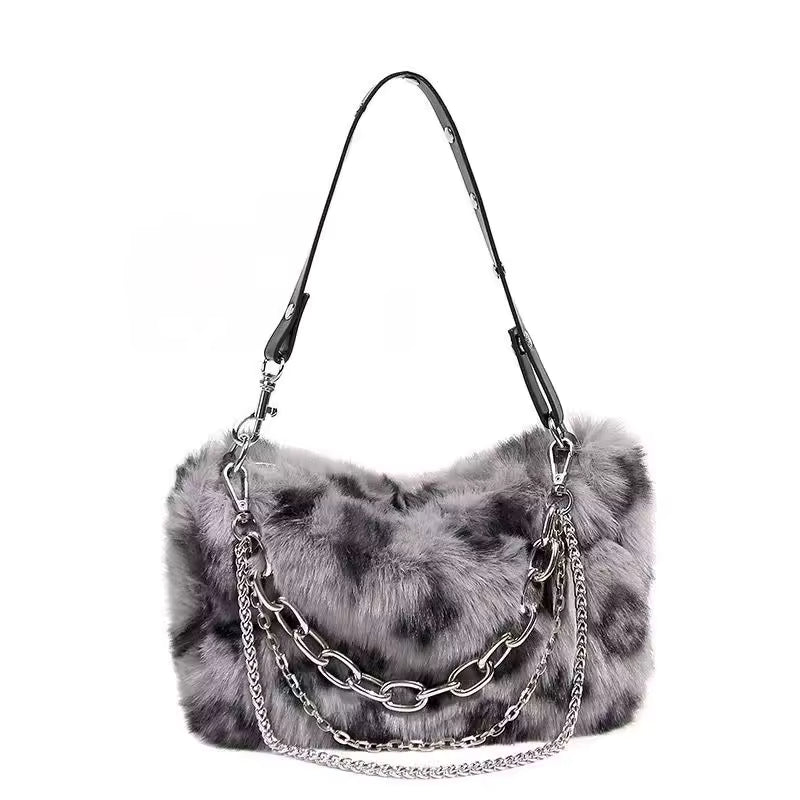 Luxury Design Faux Fur Leopard Print Fluffy Top Handle Chain Shoulder Clutch Bag Mssza