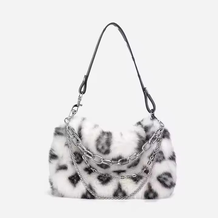 Luxury Design Faux Fur Leopard Print Fluffy Top Handle Chain Shoulder Clutch Bag Mssza
