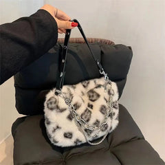 Luxury Design Faux Fur Leopard Print Fluffy Top Handle Chain Shoulder Clutch Bag Mssza