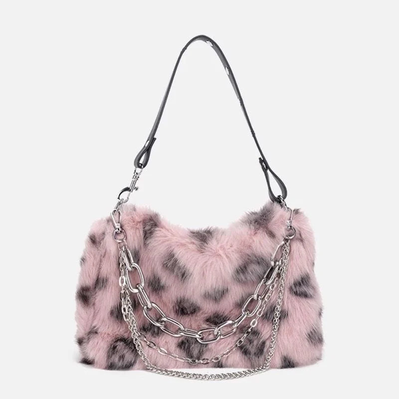Luxury Design Faux Fur Leopard Print Fluffy Top Handle Chain Shoulder Clutch Bag Mssza