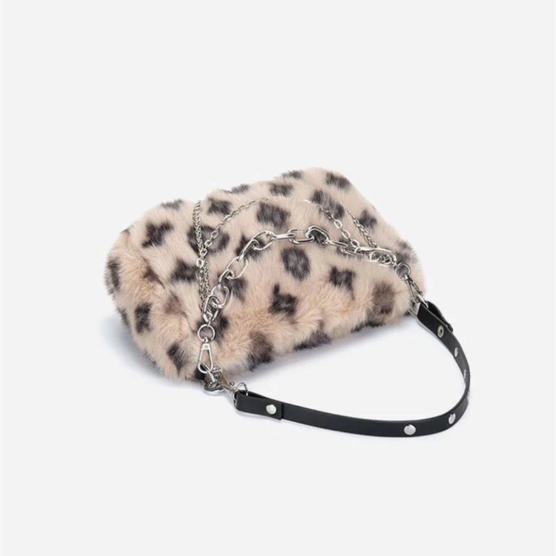 Luxury Design Faux Fur Leopard Print Fluffy Top Handle Chain Shoulder Clutch Bag Mssza