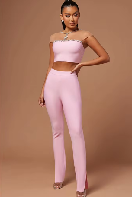 Luxury Designer Mesh Crystal Beading Two Piece Pants Bandage Set Mssza