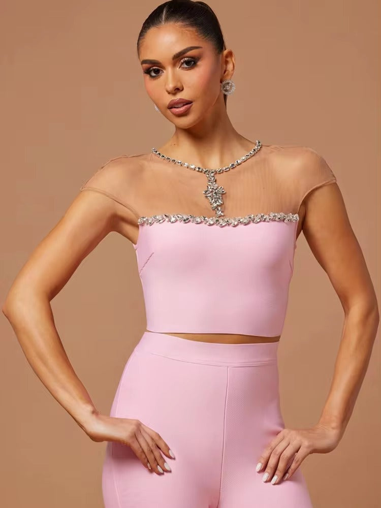 Luxury Designer Mesh Crystal Beading Two Piece Pants Bandage Set Mssza