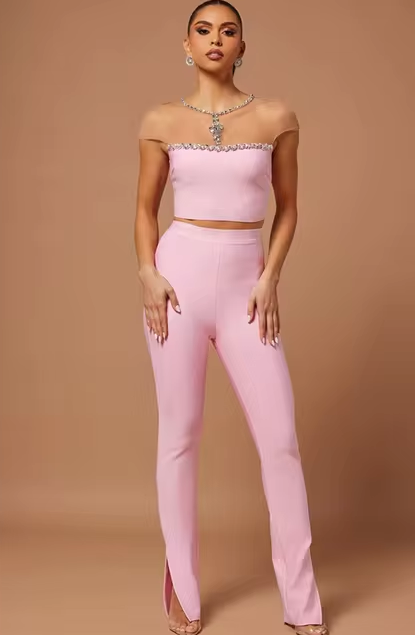 Luxury Designer Mesh Crystal Beading Two Piece Pants Bandage Set Mssza