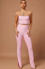 Luxury Designer Mesh Crystal Beading Two Piece Pants Bandage Set Mssza